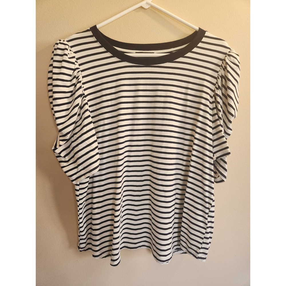 Modern Works Womens XL Striped Puff‎ Sleeve T-Shirt Navy White Pleated Knit Top